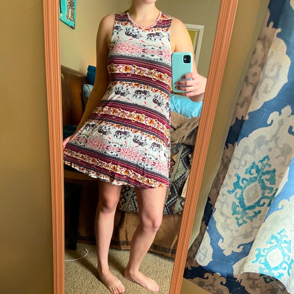 Red, pink, and white elephant print dress